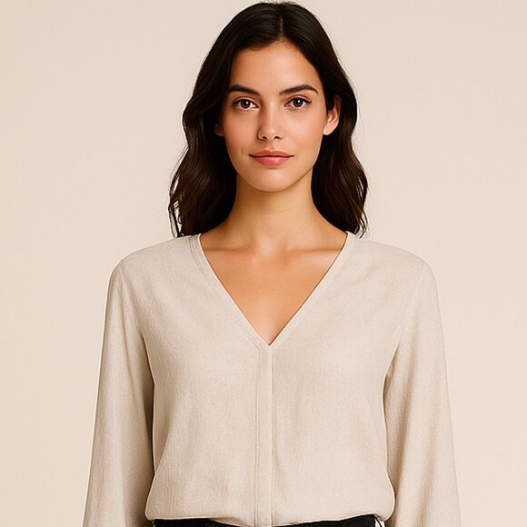 Mavi V neck cream linen cotton button front poet slv blouse Minamalist XS - Picture 3 of 8